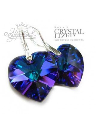 Серьги Сердце с синим кристаллом Гелиотроп