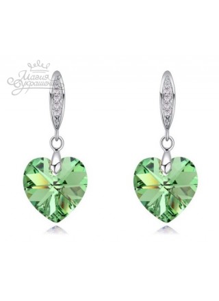 Серьги Сердце с зелеными Swarovski