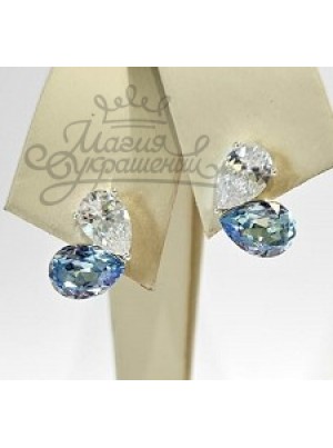 Серьги Бабочки с голубыми и прозрачными кристаллами Swarovski